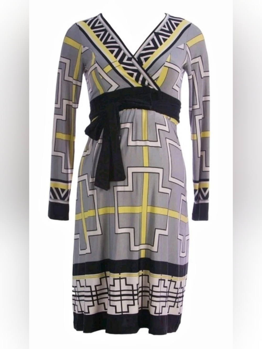 OLIAN Maternity Women's Grey Yellow Geometric Print Sandra Dress Size Medium NWT